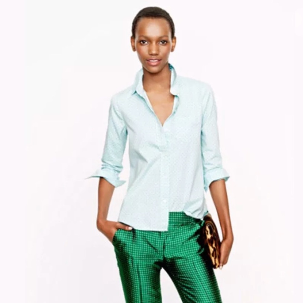 J. CREW Shrunked Oxford Polka Dot Shirt Blouse Top Aqua Green Turquoise Classic